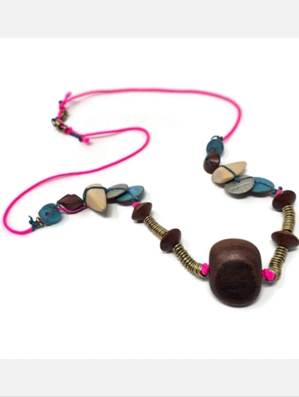 OOAK Artisan Wood Glass Gold Statement Necklace Hot Pink Paracord Handmade